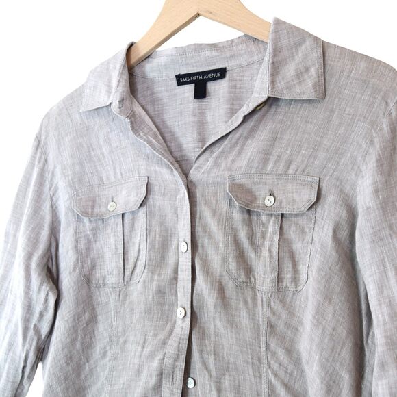 Saks Fifth Avenue Shirt Womens Fits S Greige 100% Linen Casual Long Sleeve - Picture 3 of 7